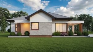 Stylish modern house with a spacious front yard.