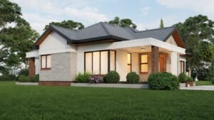 Contemporary house with a landscaped garden and clear skies.
