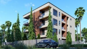 Stylish apartment building surrounded by trees and a parked car.