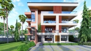 Modern multi-story house with greenery and palm trees.
