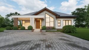 A modern house with stylish architecture and greenery.