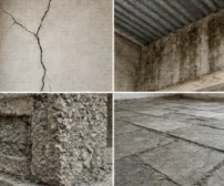 Various signs of construction defects on concrete surfaces.
