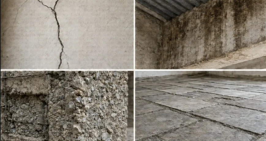 Construction Defects Analysis Various signs of construction defects on concrete surfaces.