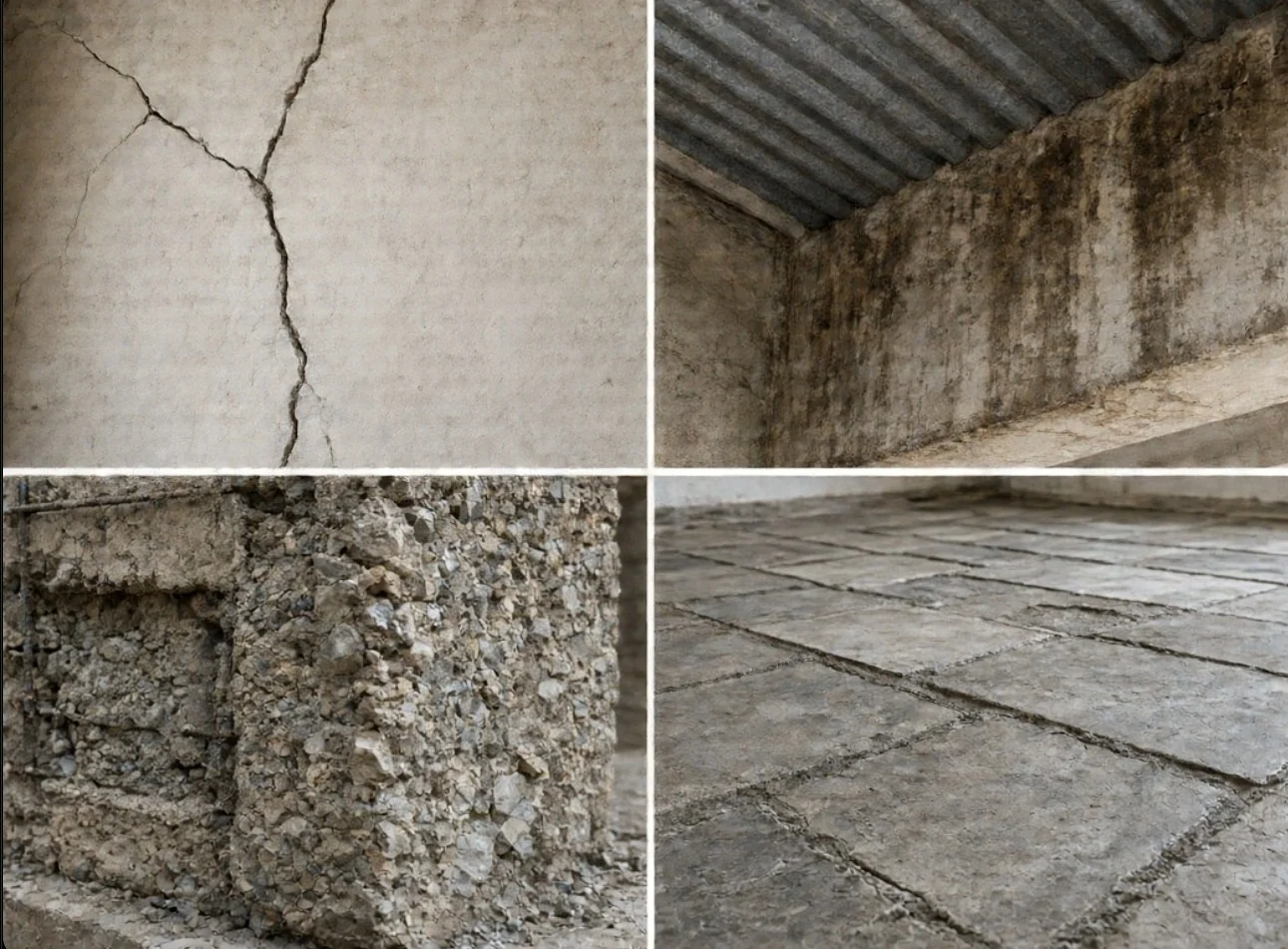 Various signs of construction defects on concrete surfaces.