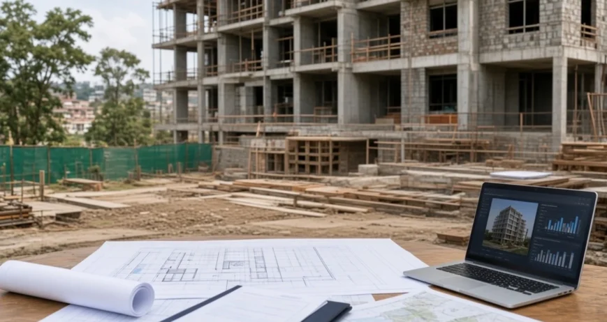 Construction Site Plans Blueprints and laptop on a construction site.