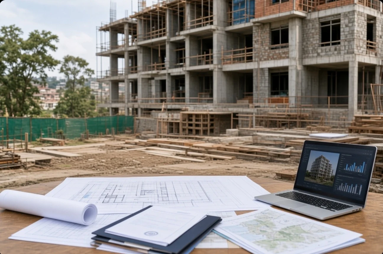 Blueprints and laptop on a construction site.