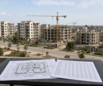 Blueprints on table with a construction site in the background.