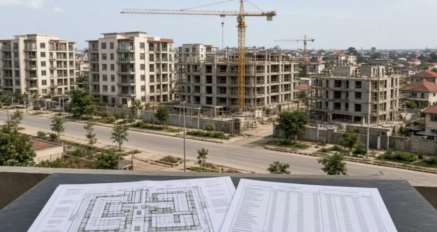 Construction Site With Plans Blueprints on table with a construction site in the background.