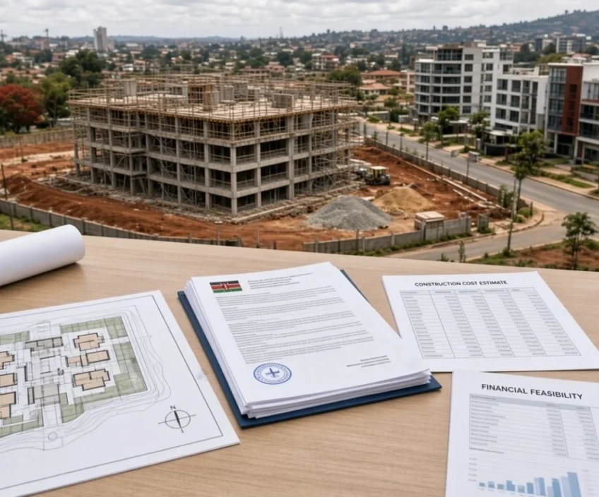 Construction site and financial documents on a table.