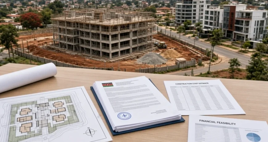 Investment In Kenya Due Diligence Checklist Construction site and financial documents on a table.
