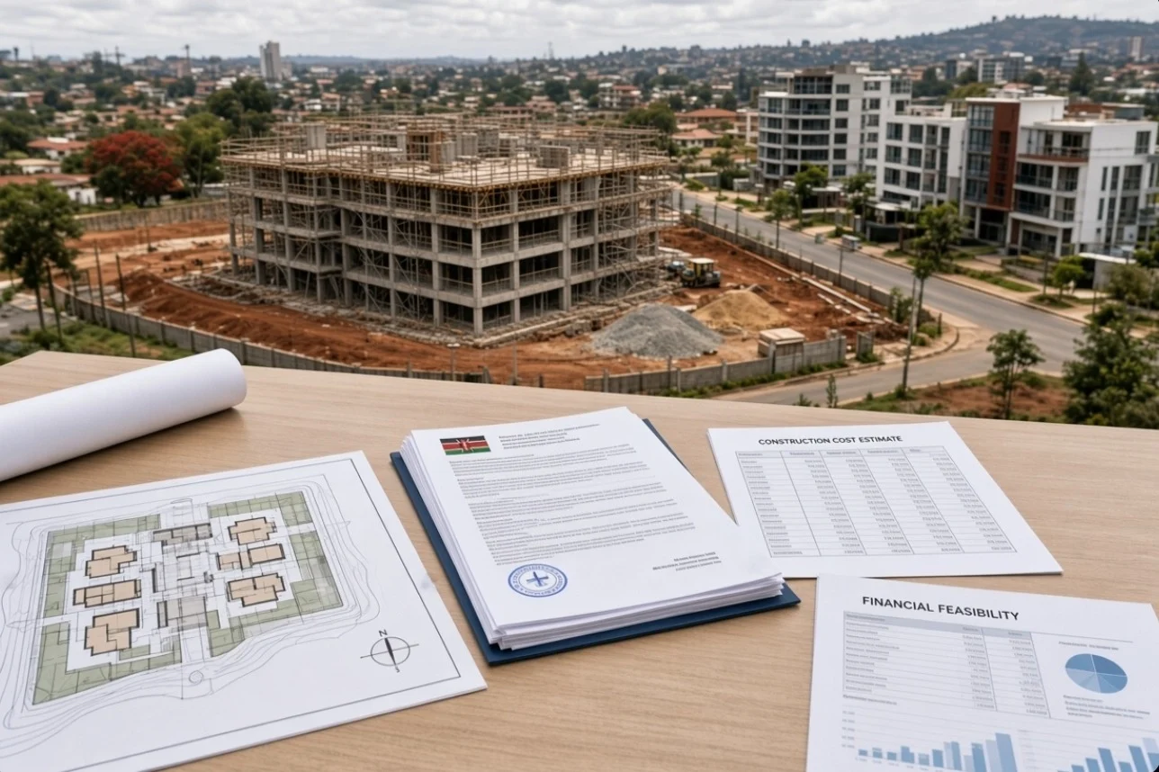 Construction site and financial documents on a table.