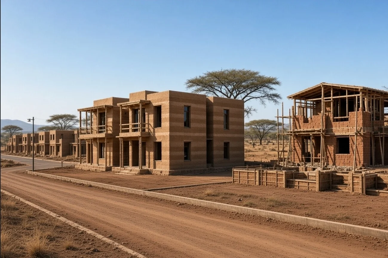 Alternative building technology projects in Kenya showcased in rural setting.