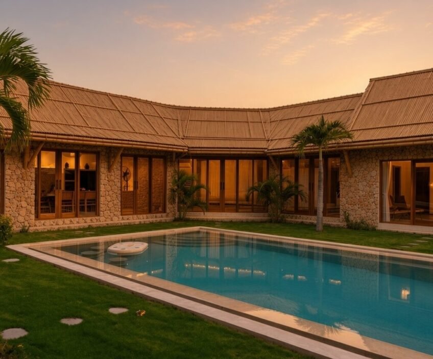 Modern villa with a pool surrounded by lush greenery.