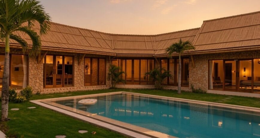 Modern villa with a pool surrounded by lush greenery.