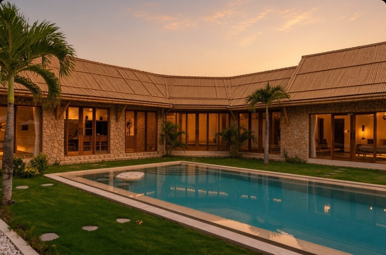 Modern villa with a pool surrounded by lush greenery.