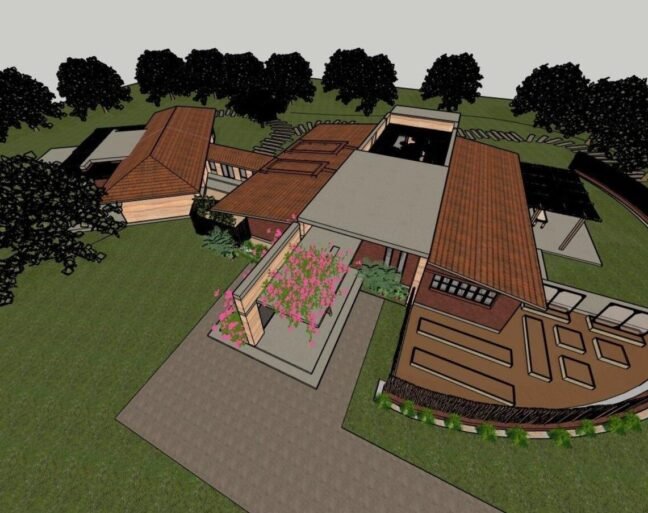 Aerial view of a modern architectural house design.