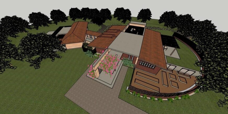 Aerial view of a modern architectural house design.