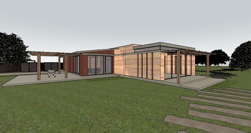 Modern House Design A contemporary rammed earth house design in kenya with wooden pergola and green lawn.