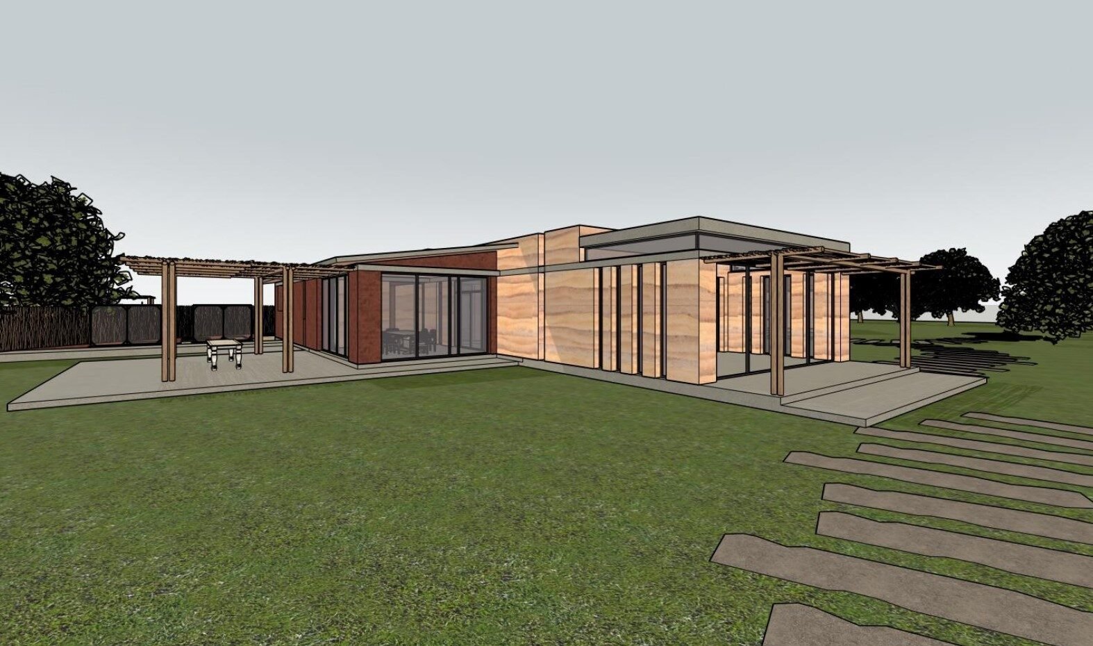 A contemporary rammed earth house design in kenya with wooden pergola and green lawn.