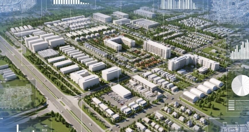 Aerial view of a modern urban development plan.