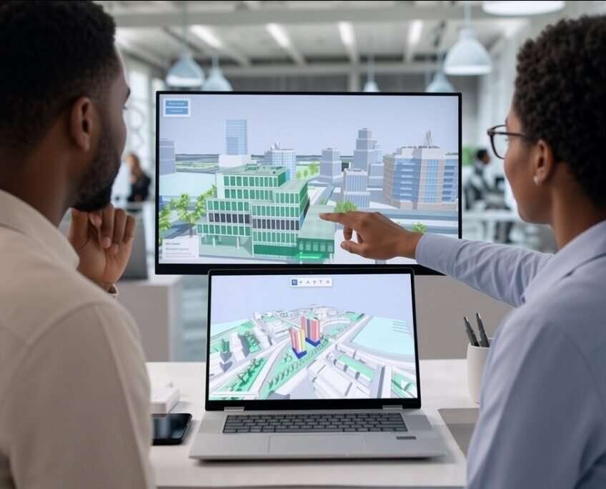 Two professionals analyzing a 3D building model on screens.