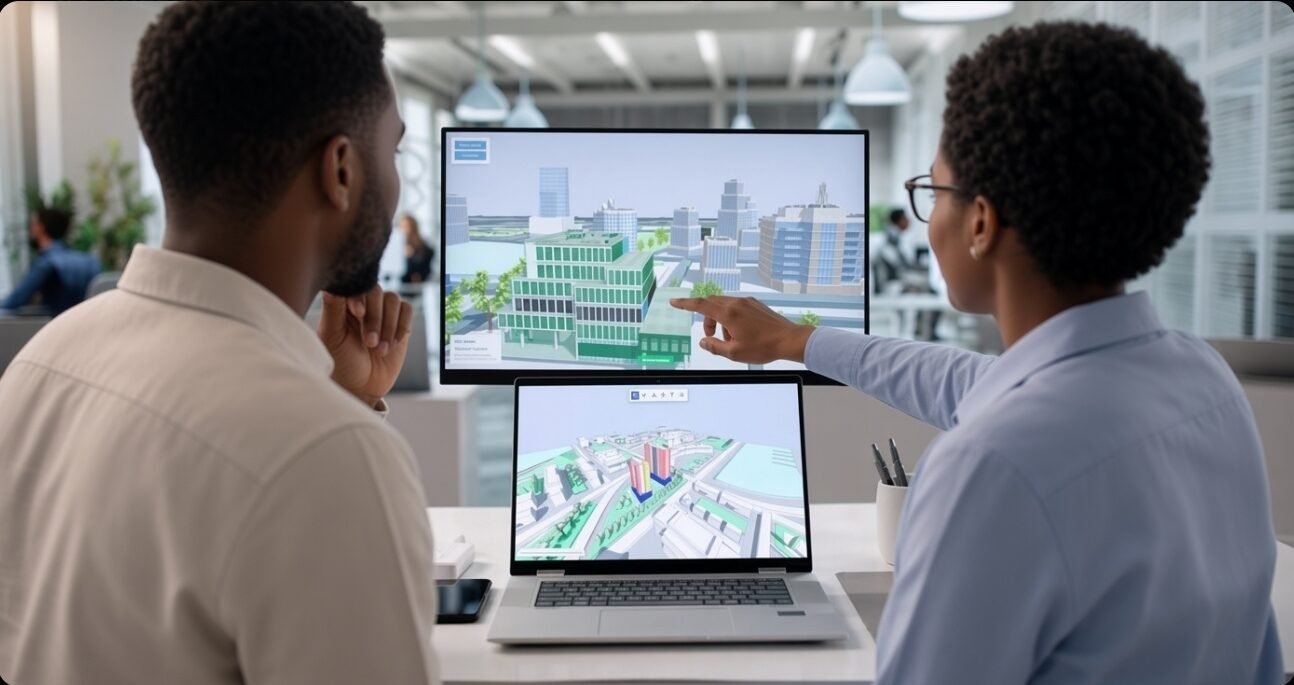 Two professionals analyzing a 3D building model on screens.