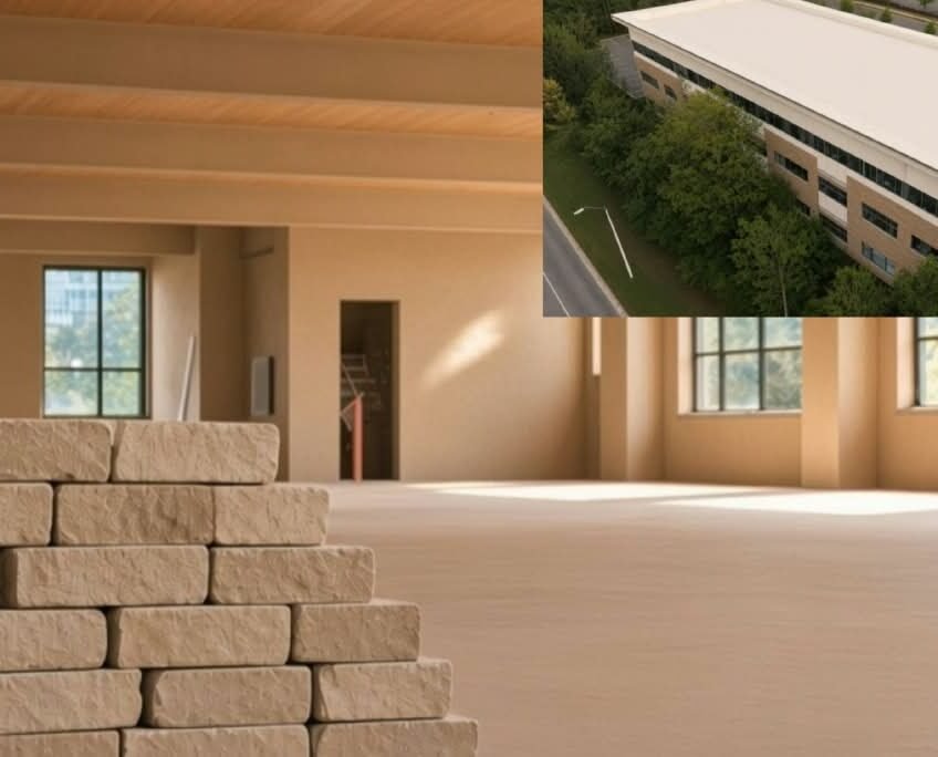 Interior space with brick stack and building exterior view.