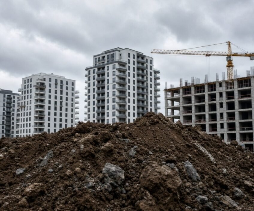 New apartment buildings under construction with a crane.