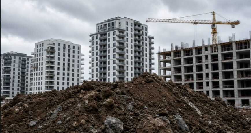 New apartment buildings under construction with a crane.