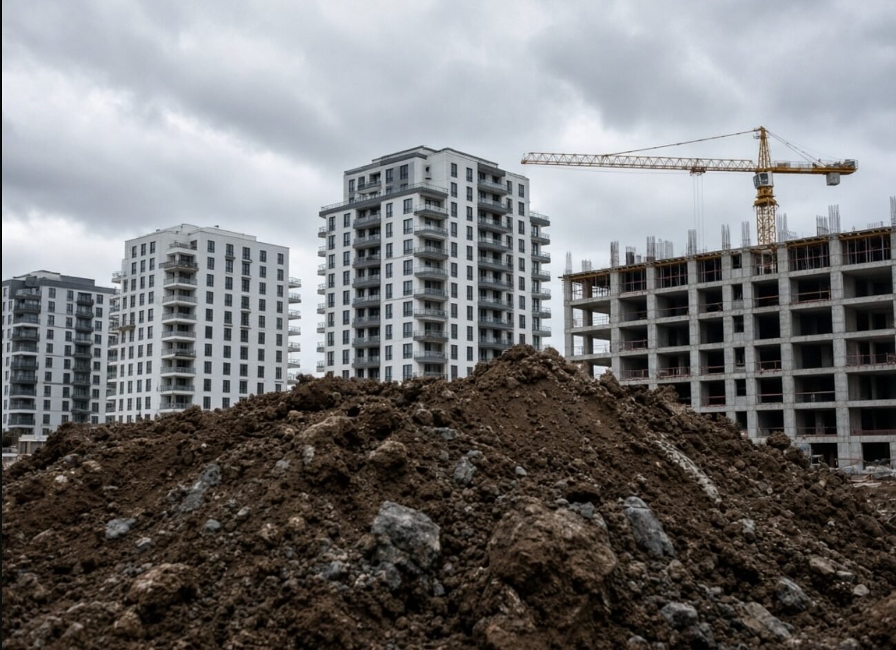 New apartment buildings under construction with a crane.