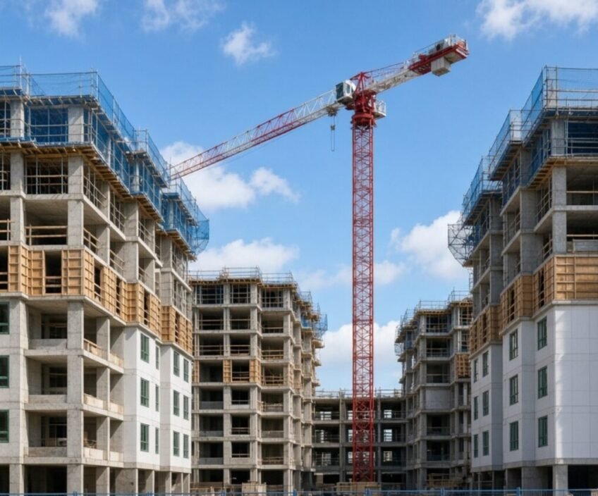 Buildings under construction with crane and scaffolding.