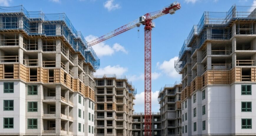 Buildings under construction with crane and scaffolding.