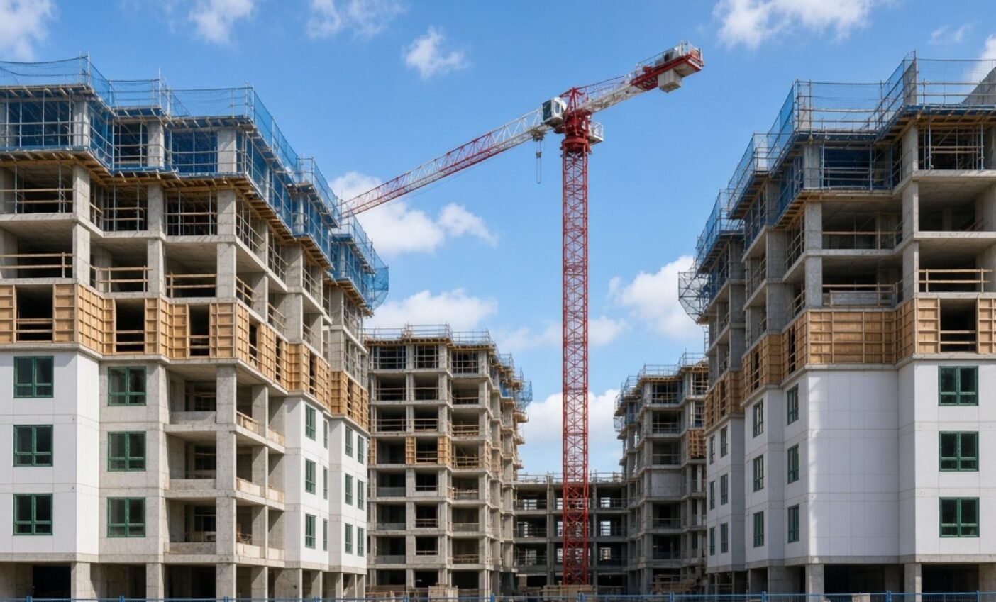 Buildings under construction with crane and scaffolding.