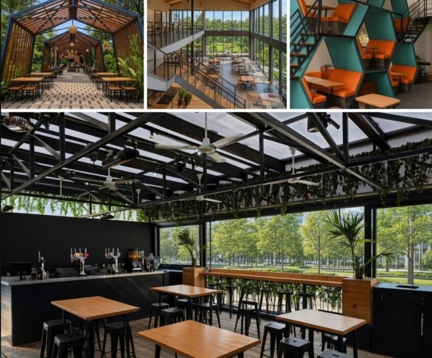 Stylish cafe interior with modern architecture and dining spaces.