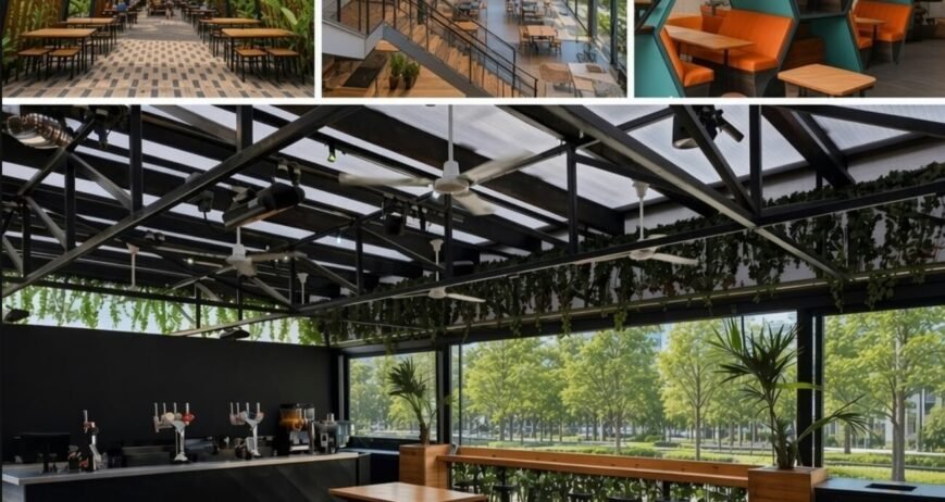 Stylish cafe interior with modern architecture and dining spaces.