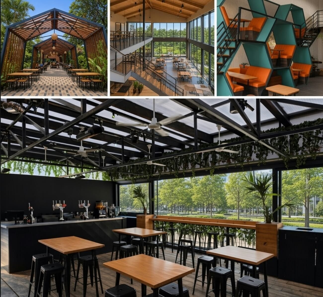 Stylish cafe interior with modern architecture and dining spaces.