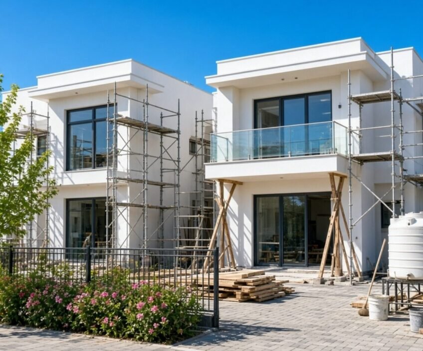 Two modern houses with scaffolding and flowers in foreground.