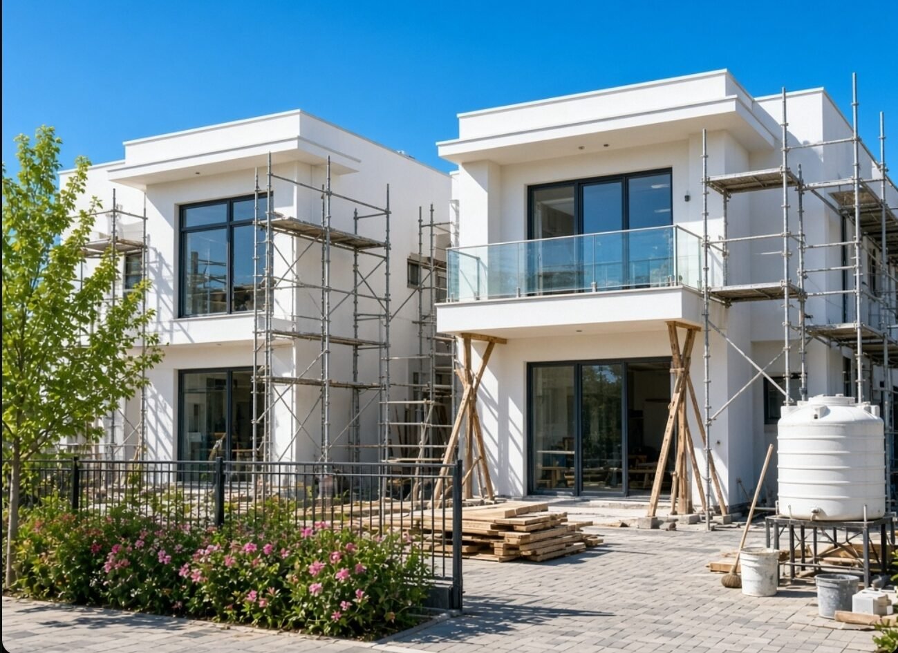 Two modern houses with scaffolding and flowers in foreground.