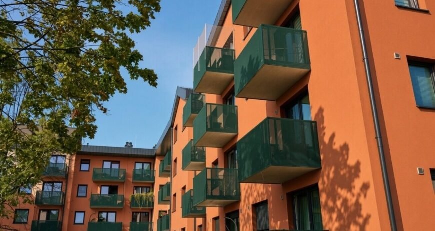 Modern orange building with green balconies and clear sky.