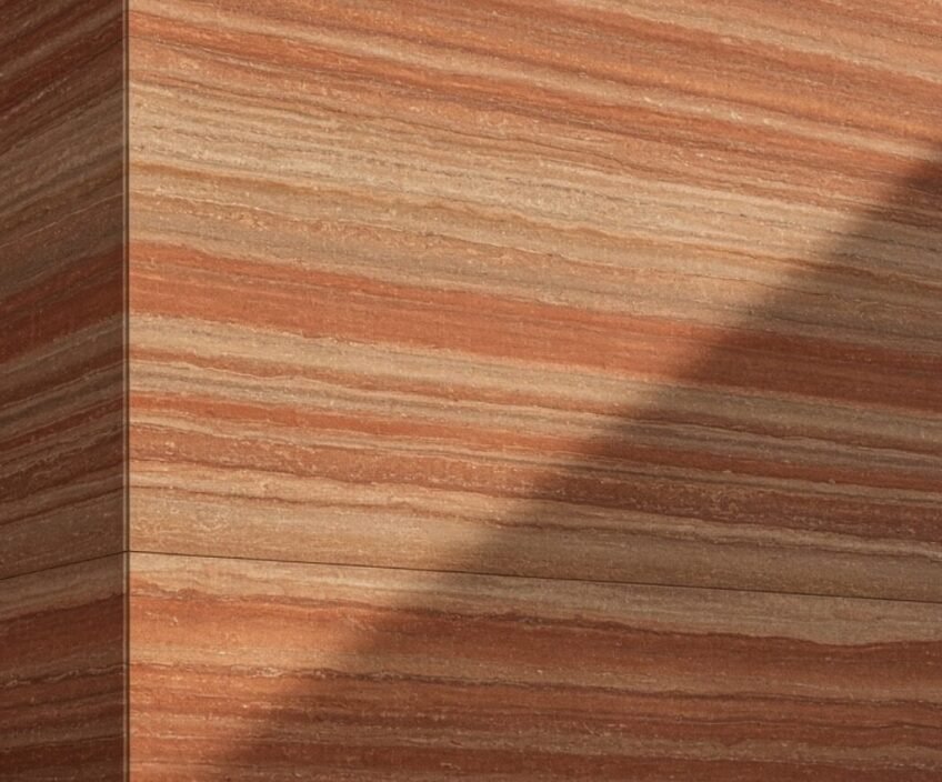 Close-up of a textured stone surface with layered patterns.
