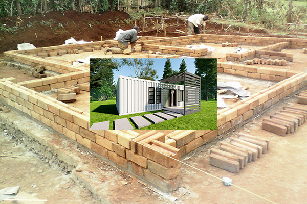Two people build a rectangular foundation with bricks. Overlaid in the center is a rendering of a modern, white shipping container home—an example of alternative building technologies and materials in Kenya—promoting modular construction concepts.