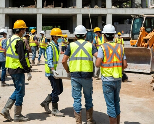 Construction workers wearing safety vests and helmets collaborate at a building site managed by one of the best in construction management in Kenya, with an excavator and unfinished building structure visible in the background.