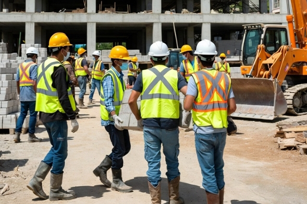 Construction workers wearing safety vests and helmets collaborate at a building site managed by one of the best in construction management in Kenya, with an excavator and unfinished building structure visible in the background.