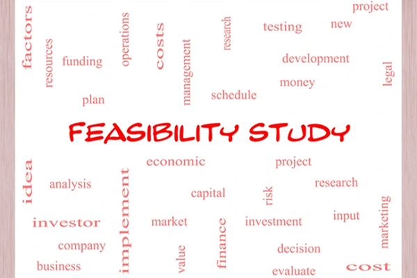A graphic with the words FEASIBILITY STUDY in bold red at the center, surrounded by related terms such as cost, analysing financial viability of your construction project, investor, market, plan, funding, risk, and resources in various orientations.